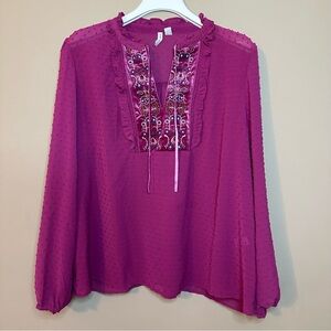 Cottagecore Womens XL Pink Tunic Peasant Top Embroidered Velvet Ruffle Swiss Dot